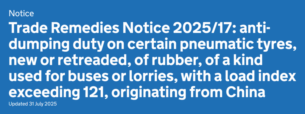 UK anti-dumping (AD) and countervailing duty (CVD)  on Chinese truck/bus tires